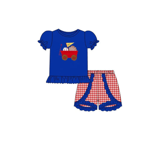 (Pre-order)GSSO2734 Baseball Blue Top Plaid Shorts Girls Summer Clothes Set