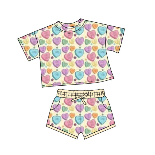 (Pre-order)GSSO2735 Colorful Heart Print Shorts Girls Valentine's Day Clothes Set