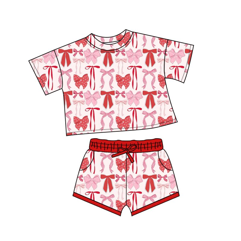 (Pre-order)GSSO2737 Red Pink Bows Print Shorts Girls Valentine's Day Clothes Set
