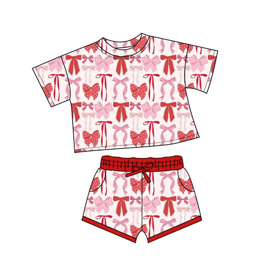 (Pre-order)GSSO2737 Red Pink Bows Print Shorts Girls Valentine's Day Clothes Set
