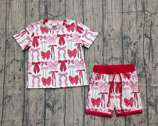 (Pre-order)GSSO2737 Red Pink Bows Print Shorts Girls Valentine's Day Clothes Set