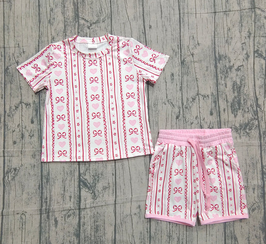 (Pre-order)GSSO2738 Bows Heart Pink Print Shorts Girls Valentine's Day Clothes Set