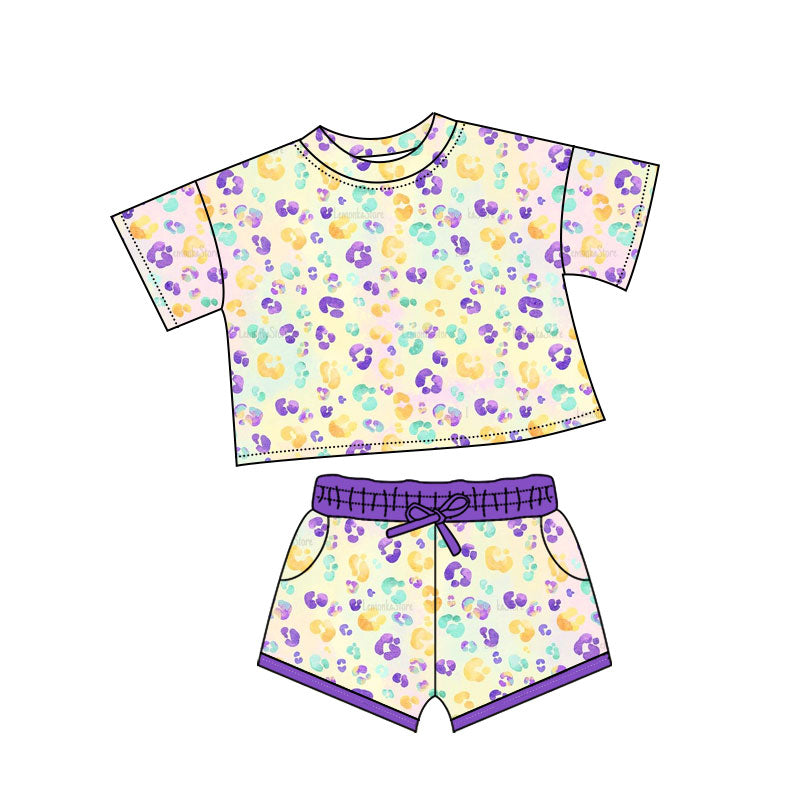 (Pre-order)GSSO2739 Colorful Leopard Print Shorts Girls Mardi Gras Clothes Set