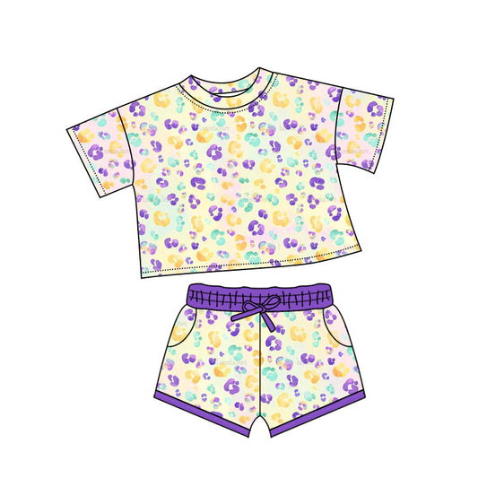 (Pre-order)GSSO2739 Colorful Leopard Print Shorts Girls Mardi Gras Clothes Set