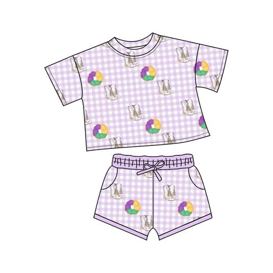 (Pre-order)GSSO2740 Donut Boots Print Shorts Girls Mardi Gras Clothes Set