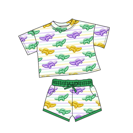 (Pre-order)GSSO2741 Colorful Crocodile Print Shorts Girls Mardi Gras Clothes Set