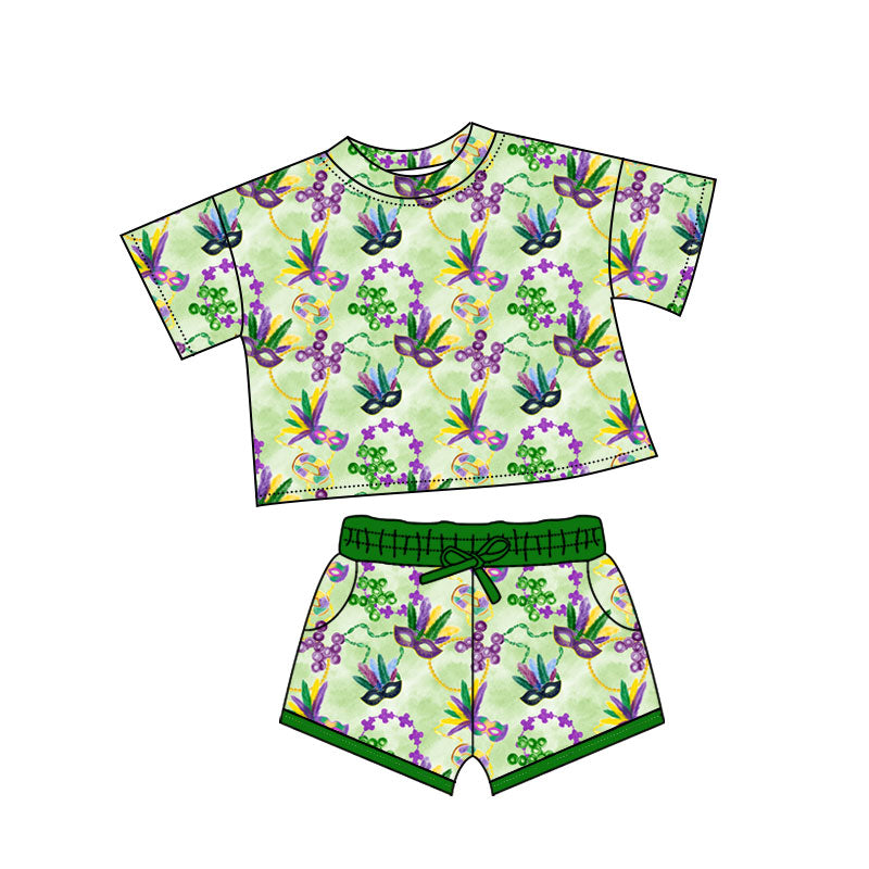 (Pre-order)GSSO2743 Mask Print Shorts Girls Mardi Gras Clothes Set