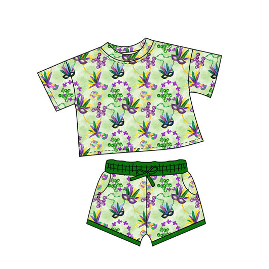 (Pre-order)GSSO2743 Mask Print Shorts Girls Mardi Gras Clothes Set