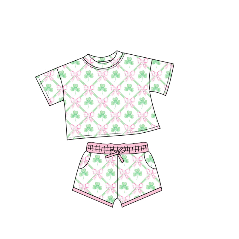 (Pre-order)GSSO2745 Leaf Bows Print Shorts Girls St. Patrick's Day Clothes Set