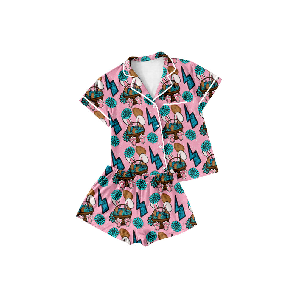 (Pre-order)GSSO2746  Bunny Turquoise Print Girls Buttons Easter Pajamas Clothes Set