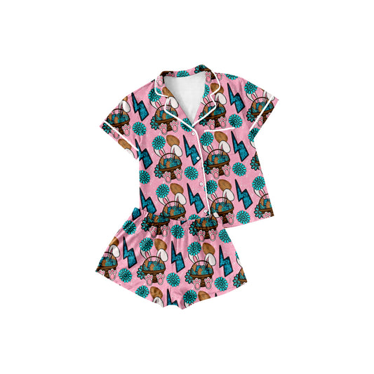 (Pre-order)GSSO2746  Bunny Turquoise Print Girls Buttons Easter Pajamas Clothes Set