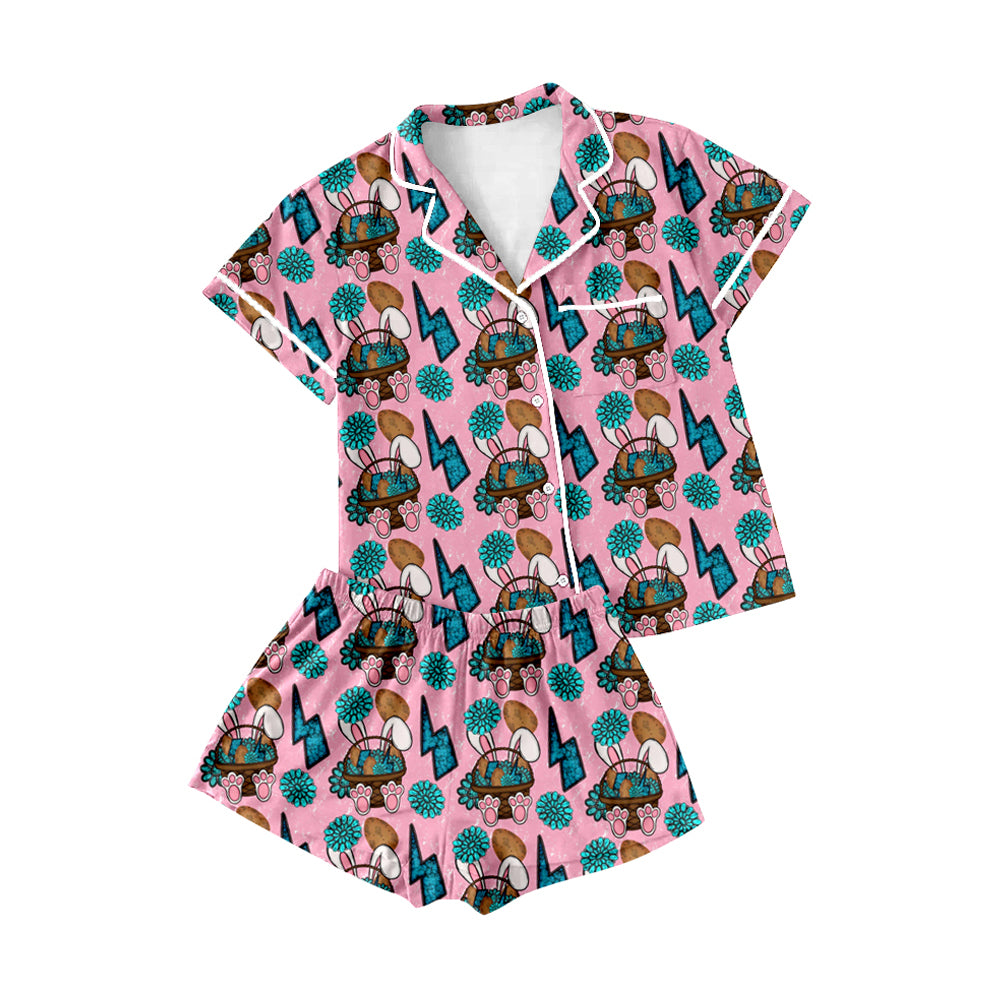 (Pre-order)GSSO2747  Adult Bunny Turquoise Print Woman Easter Buttons Pajamas Clothes Set