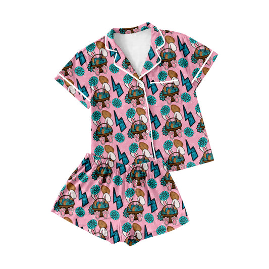 (Pre-order)GSSO2747  Adult Bunny Turquoise Print Woman Easter Buttons Pajamas Clothes Set