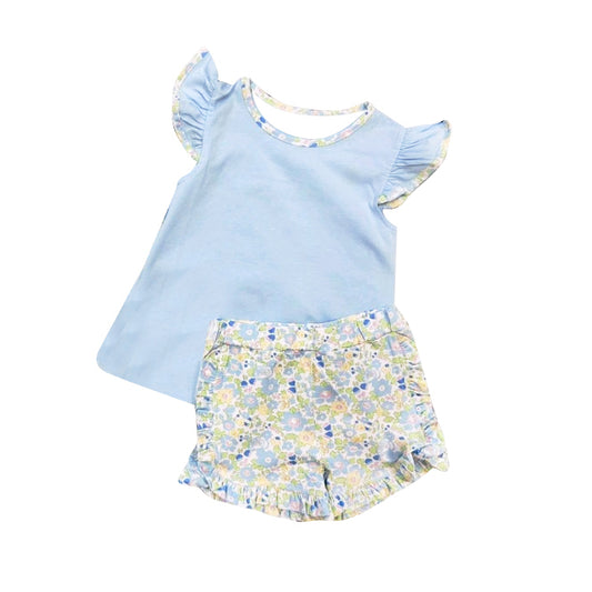 (Pre-order)GSSO2751 Blue Top Yellow Flowers Shorts Girls Summer Clothes Set