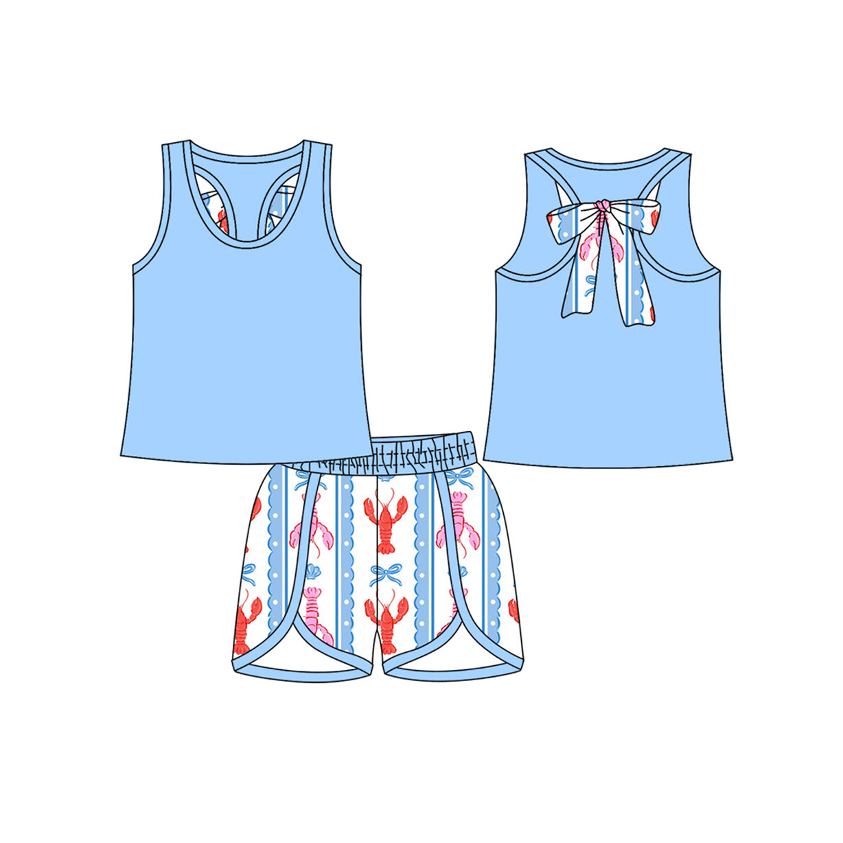 (Pre-order)GSSO2755 Blue Top Crayfish Bows Shorts Girls Summer Clothes Set