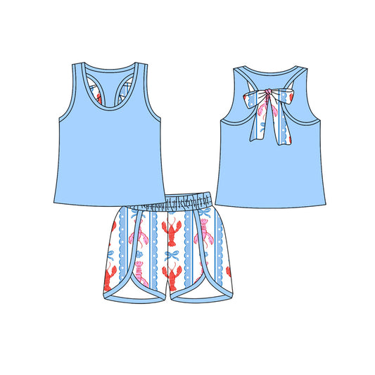 (Pre-order)GSSO2755 Blue Top Crayfish Bows Shorts Girls Summer Clothes Set