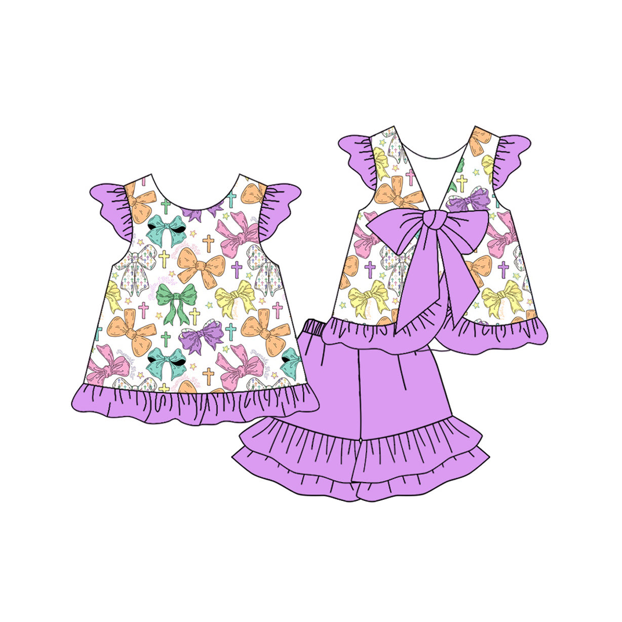 (Pre-order)GSSO2758 Colorful Bows Cross Top Purple Shorts Girls Easter Clothes Set