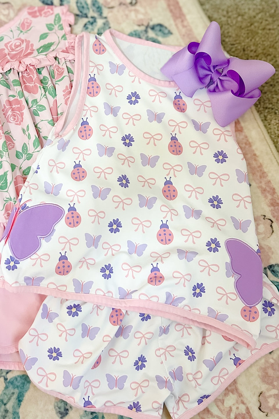 (Pre-order)GSSO2760 Butterfly Flowers Bows Top Shorts Girls Summer Clothes Set