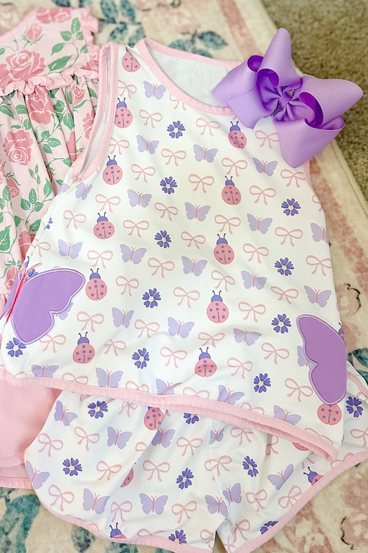 (Pre-order)GSSO2760 Butterfly Flowers Bows Top Shorts Girls Summer Clothes Set