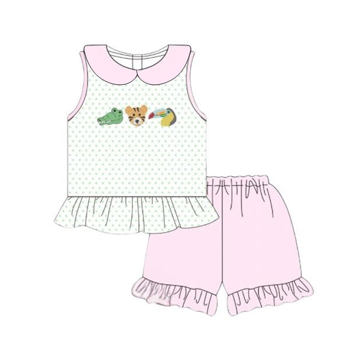 (Pre-order)GSSO2766 Animals Blue Top Pink Shorts Girls Summer Clothes Set