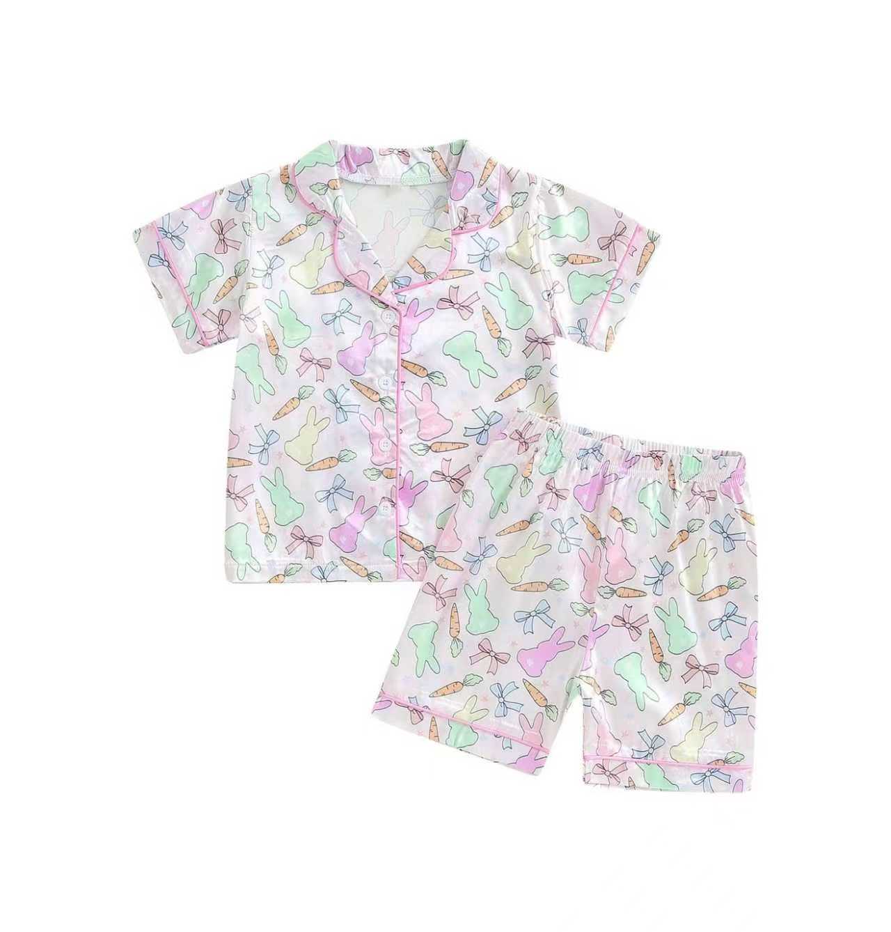 (Pre-order)GSSO2768 Colorful Bunny Bows Print Girls Easter Clothes Set