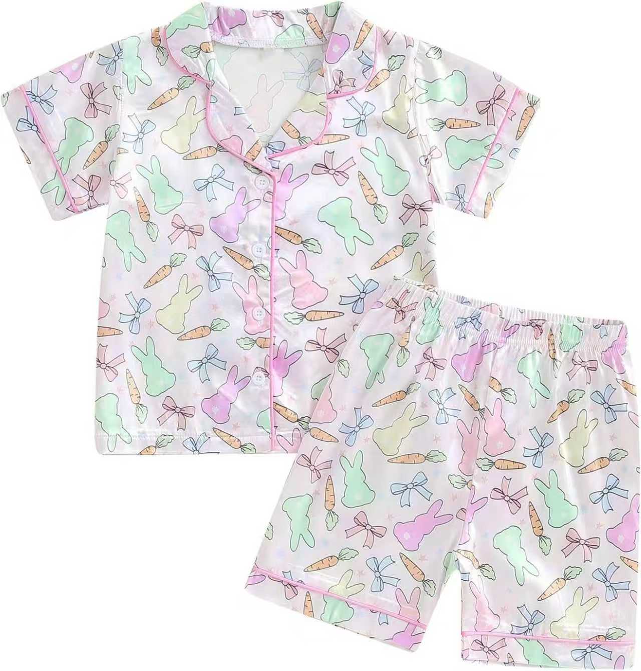 (Pre-order)GSSO2769  Adult Colorful Bunny Bows Print Woman Easter Buttons Pajamas Clothes Set