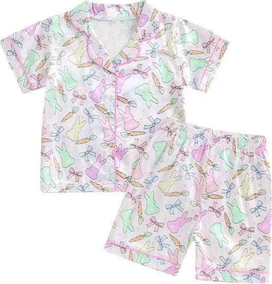 (Pre-order)GSSO2769  Adult Colorful Bunny Bows Print Woman Easter Buttons Pajamas Clothes Set