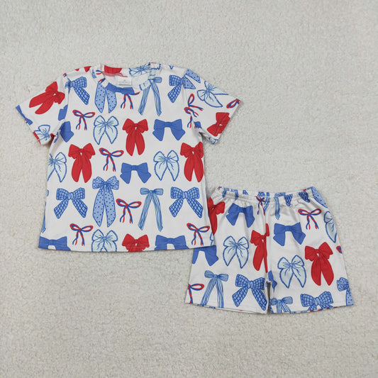 GSSO2772 Red Blue Bows Print Girls 4th of July Clothes Set