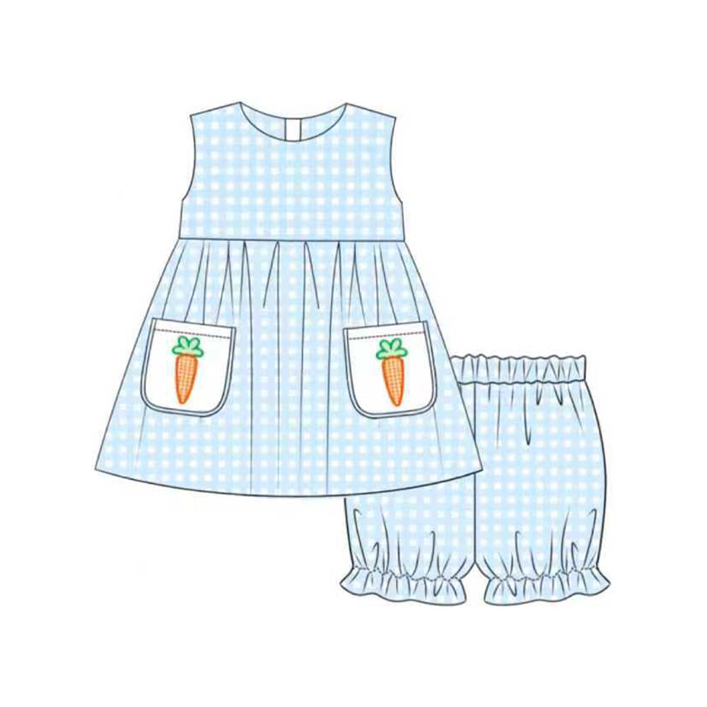 (Pre-order)GSSO2773 Carrot Pockets Tunic Top Blue Plaid Shorts Girls Easter Clothes Set