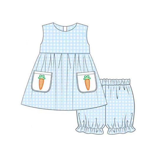 (Pre-order)GSSO2773 Carrot Pockets Tunic Top Blue Plaid Shorts Girls Easter Clothes Set