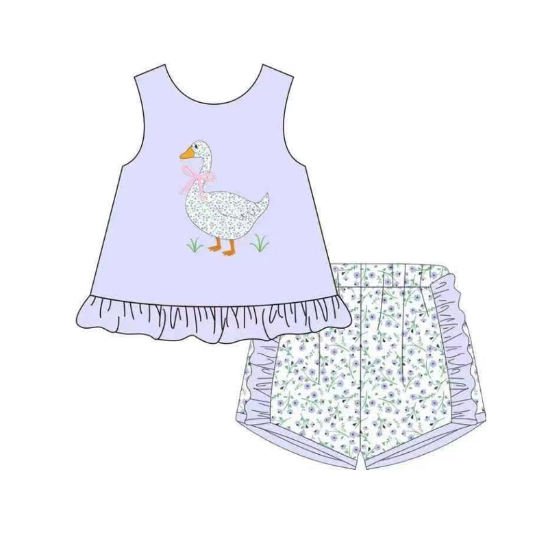 (Pre-order)GSSO2774 Goose Purple Top Small Flowers Shorts Girls Summer Clothes Set