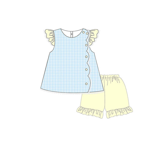 (Pre-order)GSSO2775 Blue Plaid Top Yellow Shorts Girls Summer Clothes Set