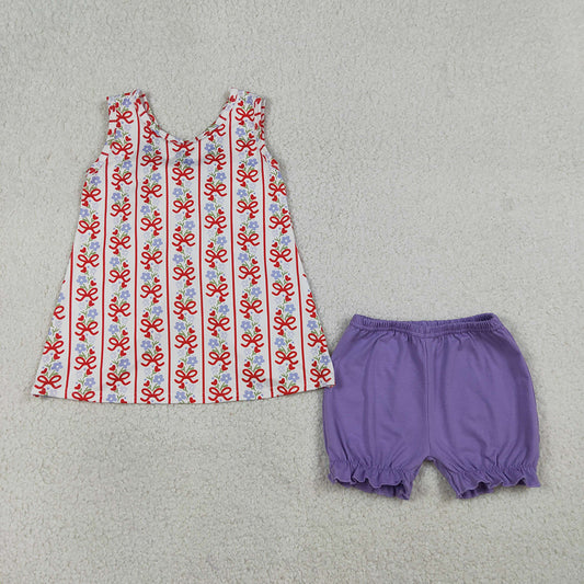 GSSO2785 Flowers Bows Backless Top Purple Shorts Girls Summer Clothes Set