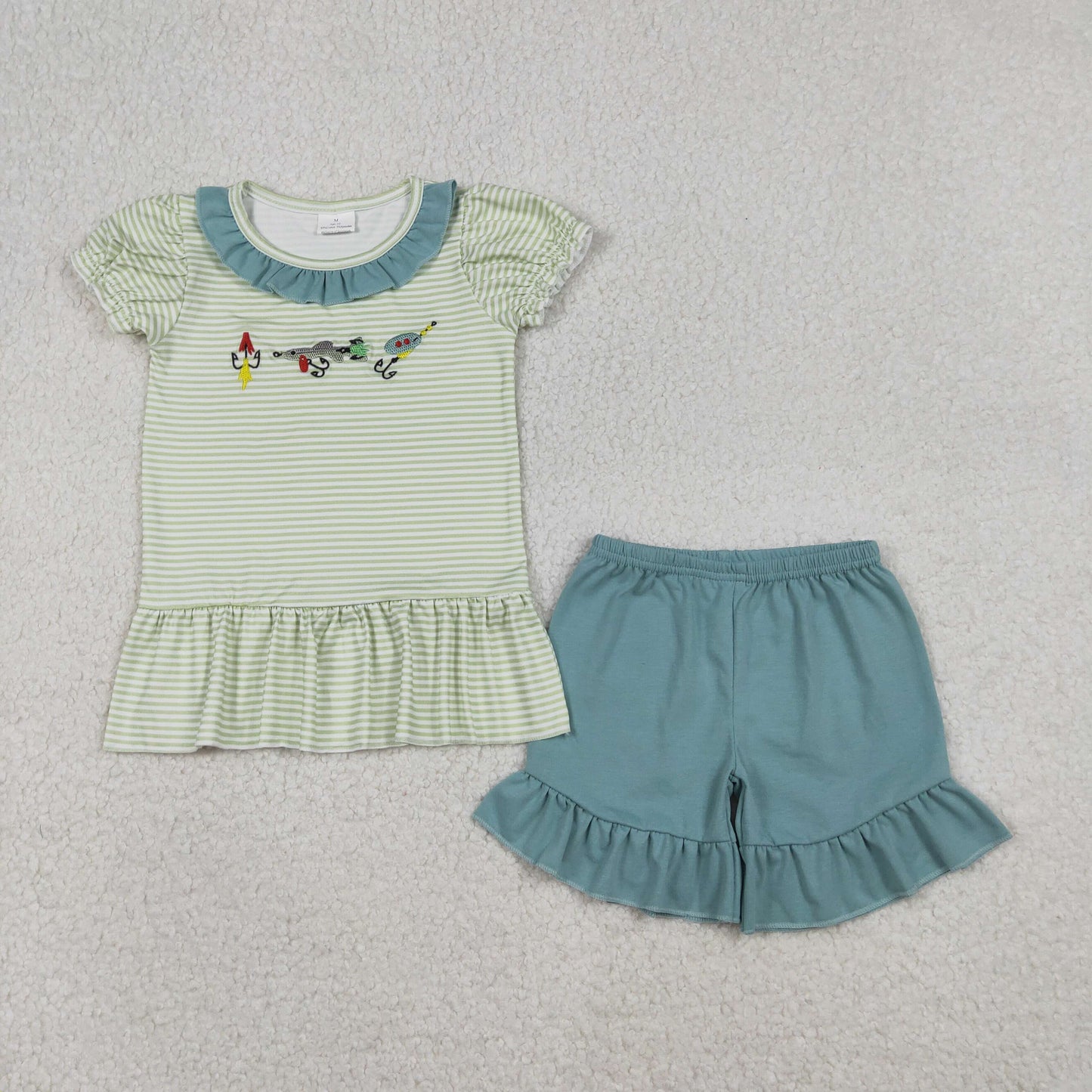 GSSO2792 Fishhook Embroidery Stripes Top Blue Shorts Girls Summer Clothes Set