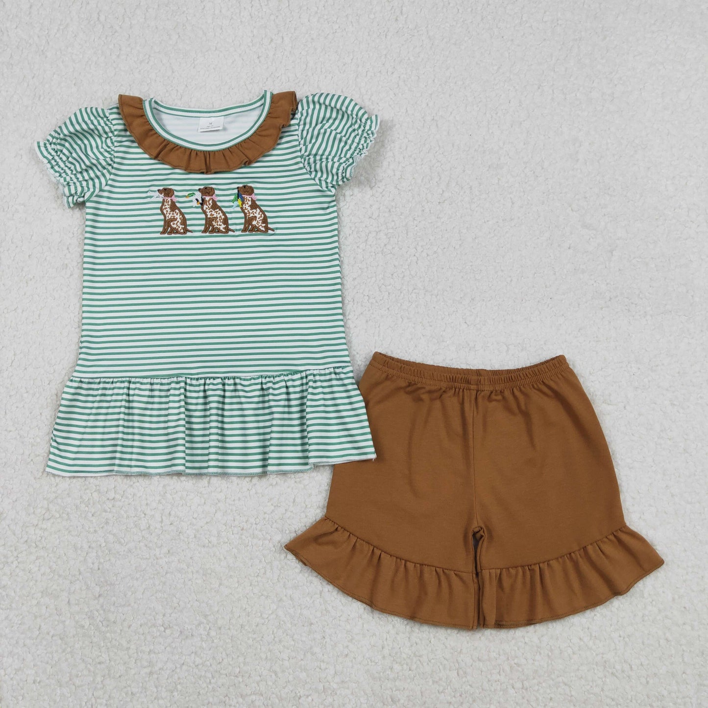 GSSO2793 Dog Hunting Embroidery Green Stripes Top Brown Shorts Girls Summer Clothes Set
