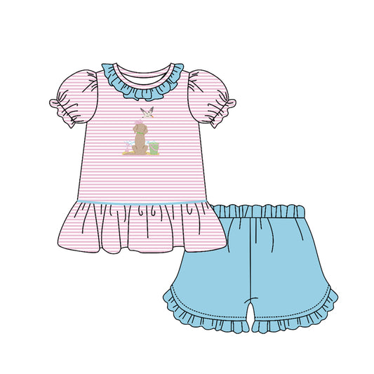 (Pre-order)GSSO2794 Duck Puppy Beach Pink Stripes Top Blue Shorts Girls Summer Clothes Set