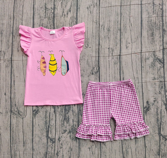 (Pre-order)GSSO2795 Fishhook Top Plaid Shorts Girls Summer Clothes Set