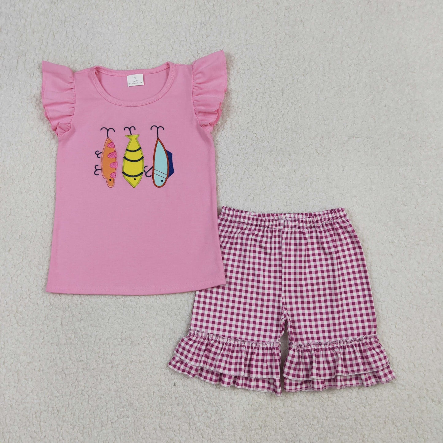 GSSO2795 Fishhook Embroidery Pink Top Plaid Shorts Girls Summer Clothes Set