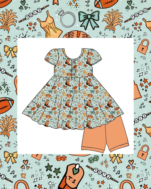 (Pre-order)GSSO2798 Football Bows Boots Tunic Top Orange Shorts Girls Summer Clothes Set