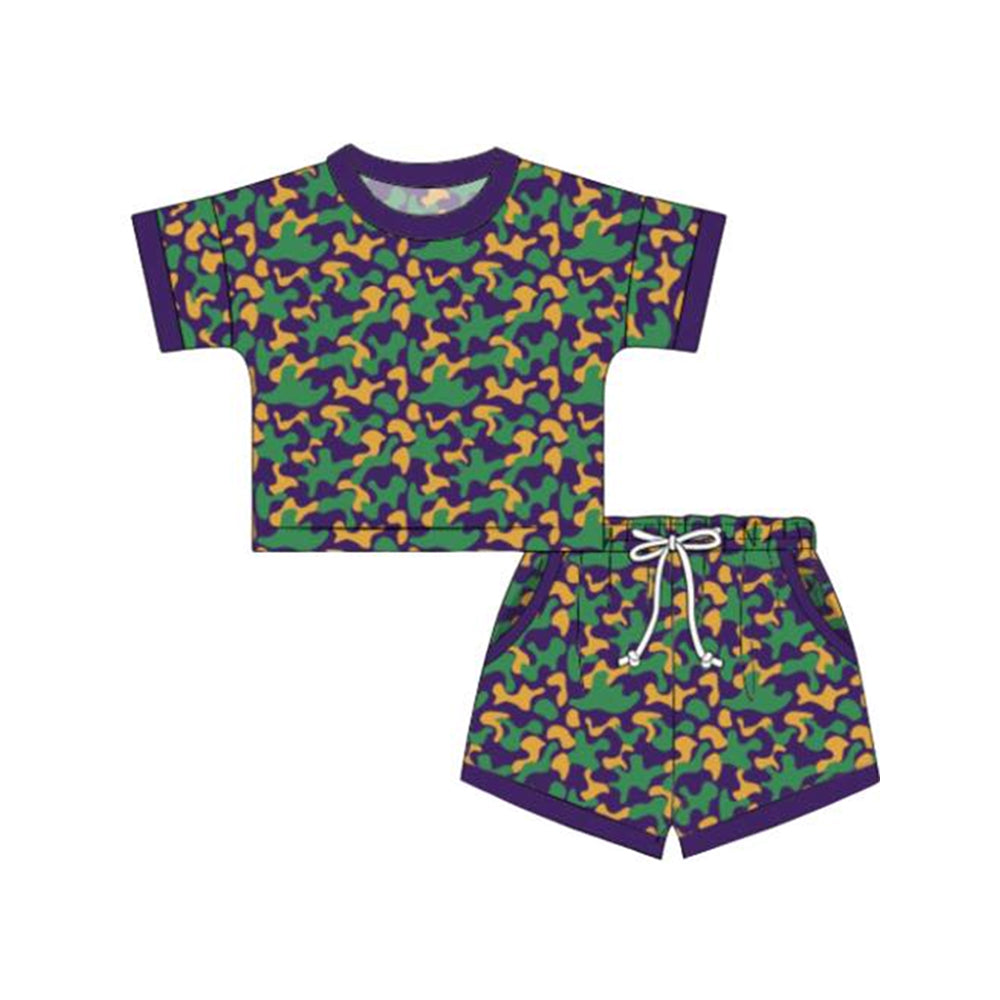 (Pre-order)GSSO2813 Green Purple Camo Top Pockets Shorts Girls Mardi Gras Clothes Set