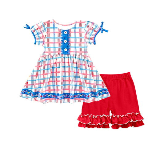 (Pre-order)GSSO2815 Plaid Flowers Tunic Top Red Shorts Girls 4th of July Clothes Set