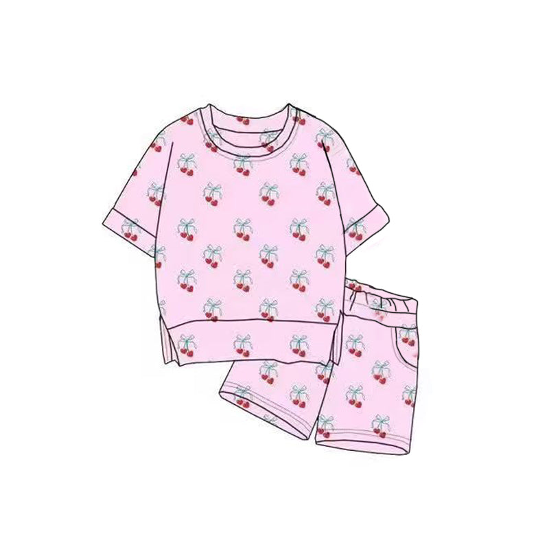 (Pre-order)GSSO2816 Cherry Heart Bows Print Girls Valentine's Day Clothes Set