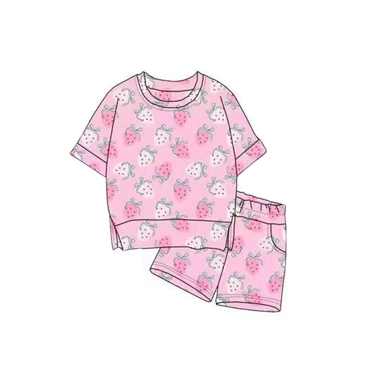 (Pre-order)GSSO2817 Strawberry Bows Print Girls Summer Clothes Set