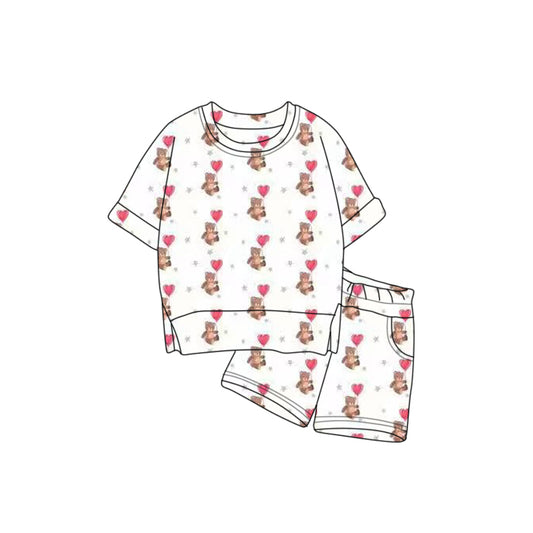 (Pre-order)GSSO2821 Bear Heart Print Girls Valentine's Day Clothes Set