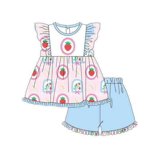 (Pre-order)GSSO2822 Strawberry Flowers Bows Tunic Top Blue Shorts Girls Summer Clothes Set