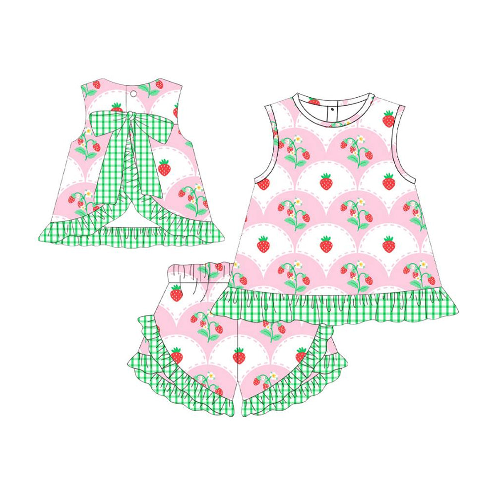(Pre-order)GSSO2823 Strawberry Flowers Backless Top Ruffle Shorts Girls Summer Clothes Set