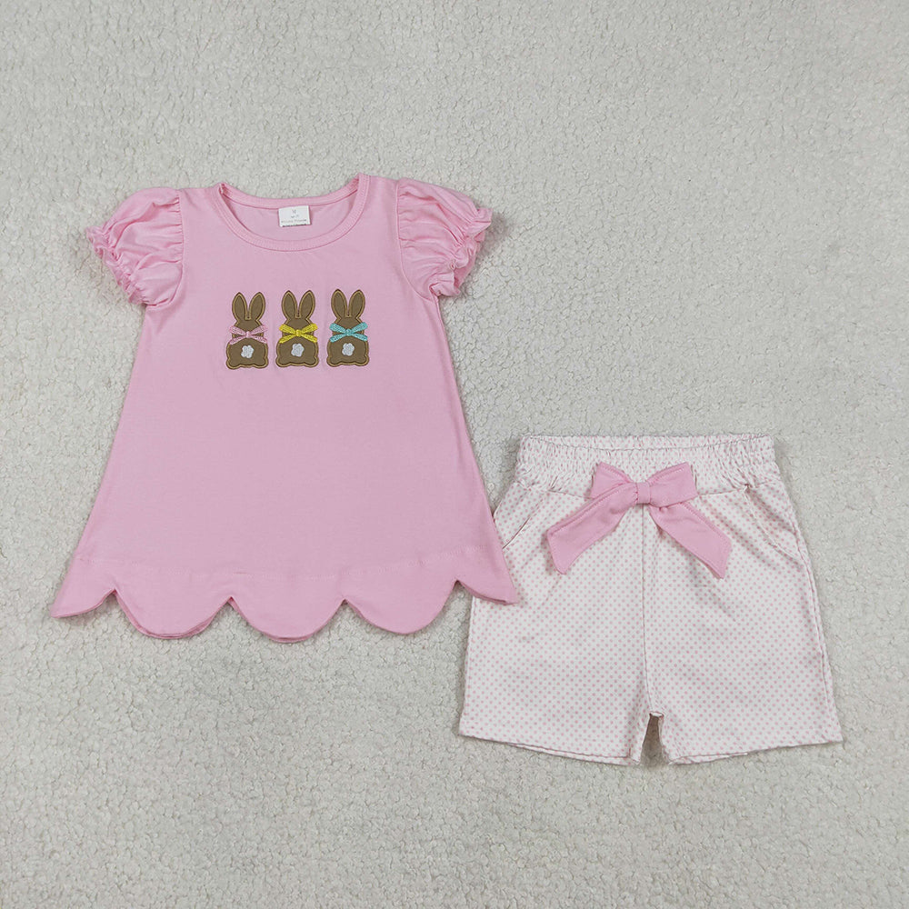 GSSO2829 Bunny Embroidery Pink Top Dots Shorts Girls Easter Clothes Set