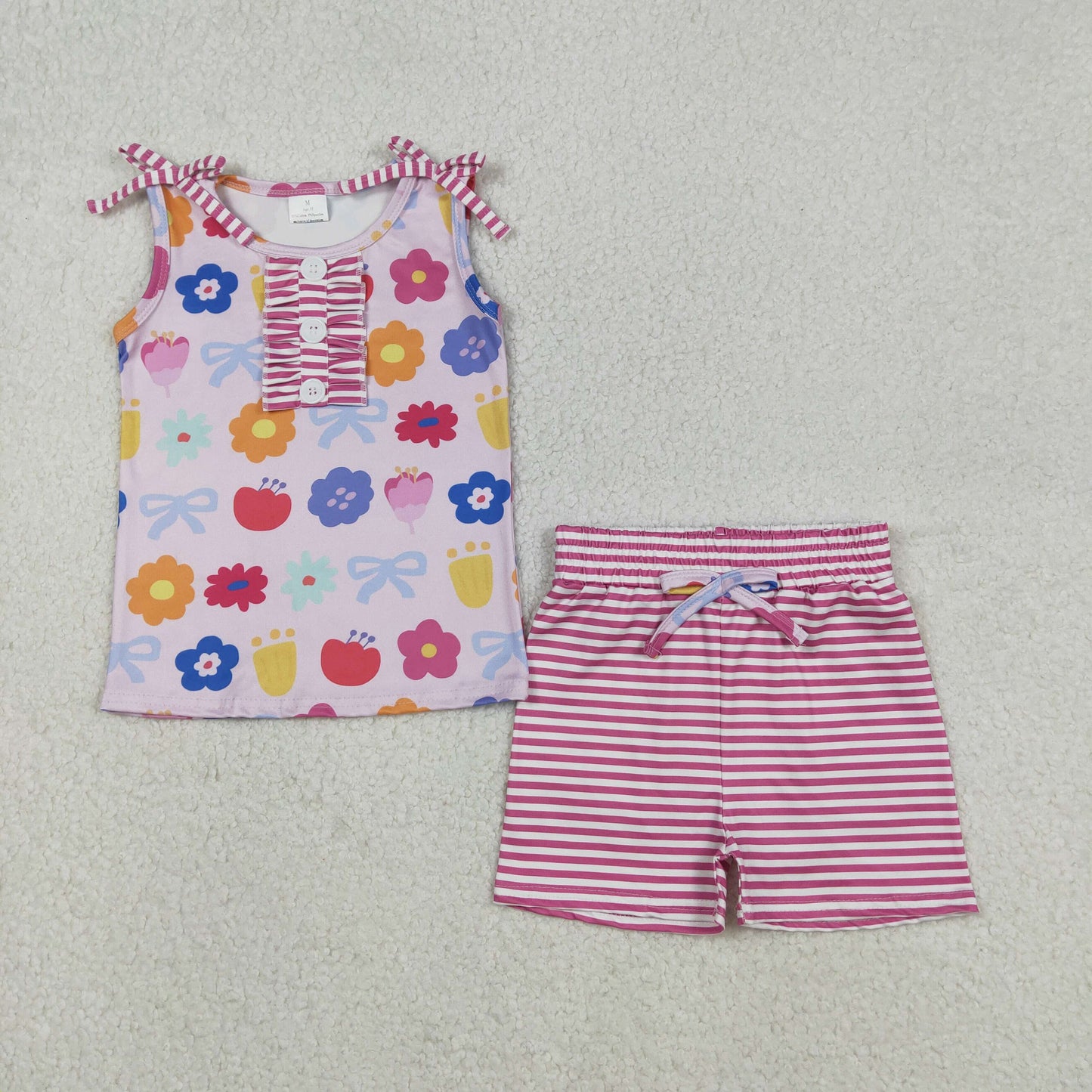 GSSO2830 Colorful Flowers Top Stripes Shorts Girls Summer Clothes Set