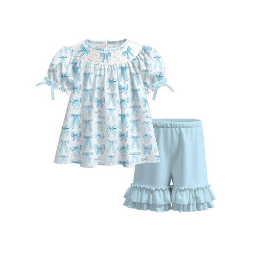 (Pre-order)GSSO2833 Bows Tunic Top Blue Ruffle Shorts Girls Summer Clothes Set