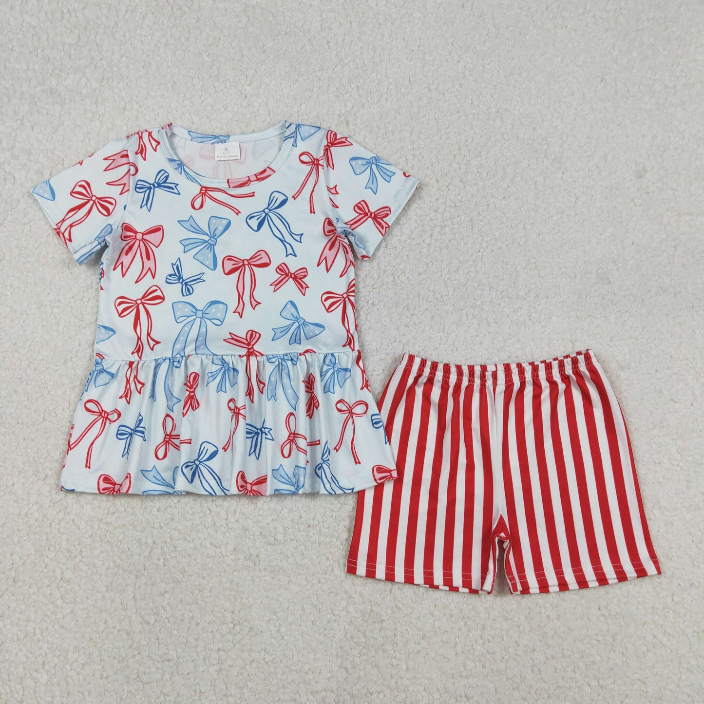 GSSO2838 Red Blue Bows Stars Top Stripes Shorts Girls 4th of July Clothes Set